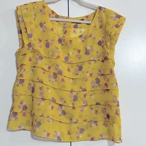 Large yellow Chiffon See Through American Eagle Tiered Blouse with Flowers